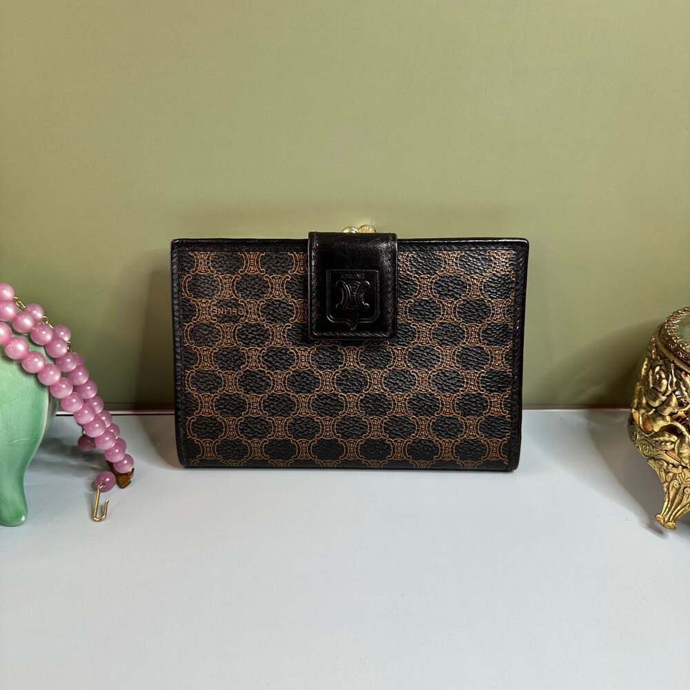 Celine Vintage Macadam Triomphe Kiss Lock Compact Wallet Brown PVC Leather